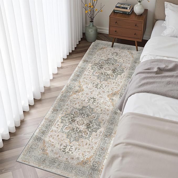 Madane Washable Runner Rug - 2x6 Rug Runners for Hallways 6 Foot Non Slip Vintage Kitchen Runner Rug Ultra-Thin Bathroom Runner Rugs Carpet Laundry Room Bedroom (2x6ft, Light Taupe Brown)