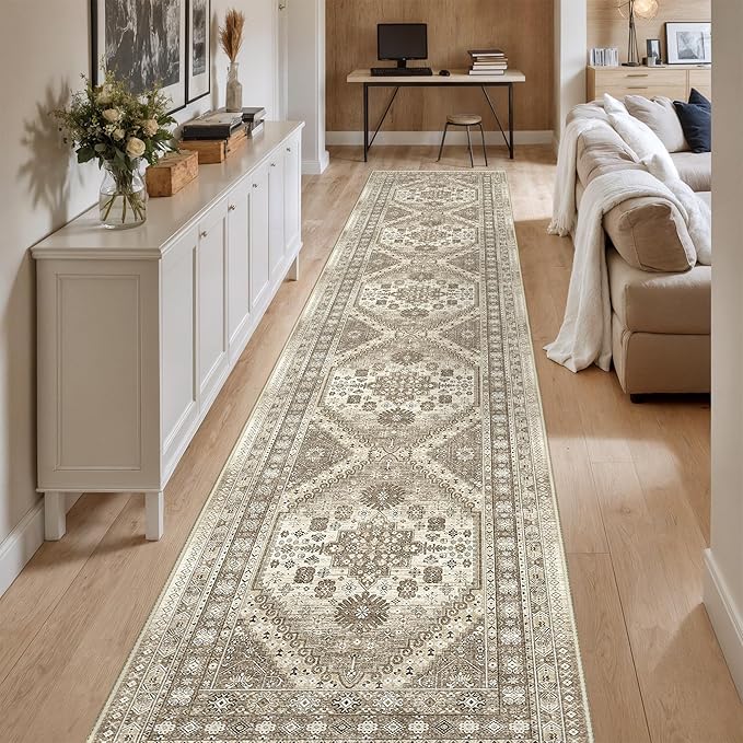 Washable Runner Rug 2.5x14, Non-Slip Long Kitchen Mats for Floor, Vintage Rug for Entryway, Soft Hallway Runner for Dining Room, Bedroom, Living Room(Brown,2.5'x14')