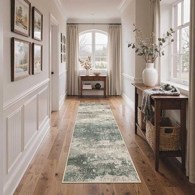 BEIMO Runner Rug for Hallway Kitchen, 2'x7' Machine Washable Runners Rug for Entryway, Soft Modern Abstract Throw Rugs, Low Pile Floor Cover with Non Slip Backing, Grey/Dark Green
