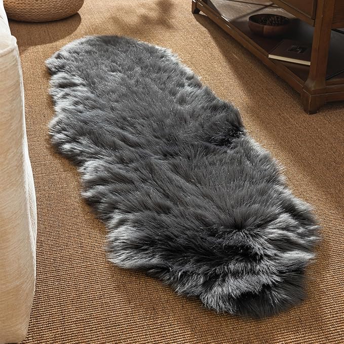 Ashler Faux Fur Rug, Fluffy Shaggy Area Rug, Ultra Soft 2 x 6 Feet Sheepskin Fur, Dark Grey Fuzzy Machine Washable Shag, Nursery Decor Throw for Bedroom, Kids Room, Living Room