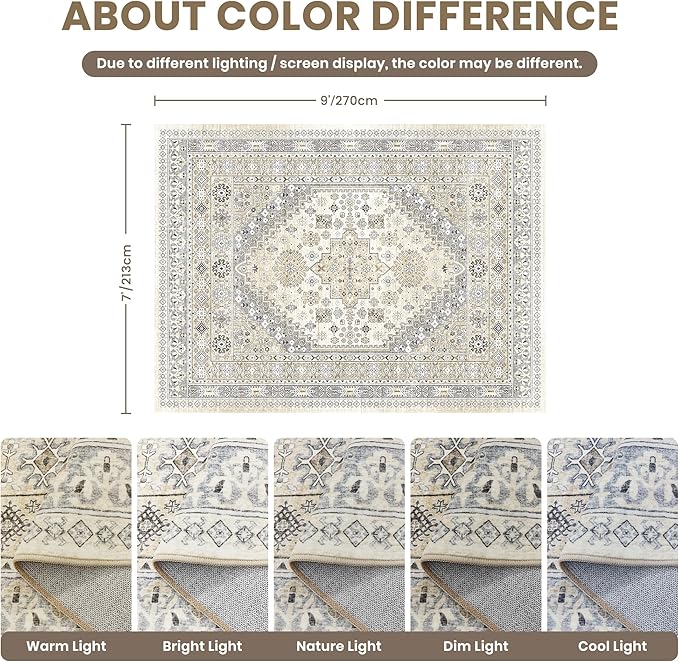 zesthome 7x9 Area Rug, Super Soft Washable Rugs for Living Room, Non-Slip Stain Resistant Vintage Rugs, Ultra-Thin Large Area Rugs (Beige,7'x9')