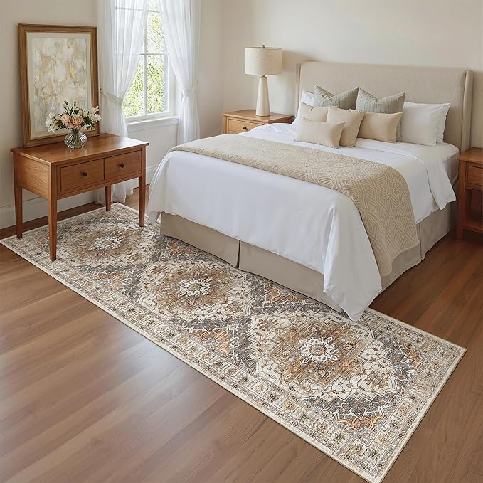 Madane Kitchen Runner Rug - 2x7 Runner Rugs with Rubber Backing Non Slip Vintage Washable Rug Runner Ultra-Thin Throw Carpet Runners for Hallways Bedroom Laundry Room (2'x7', Turmeric/Grey)
