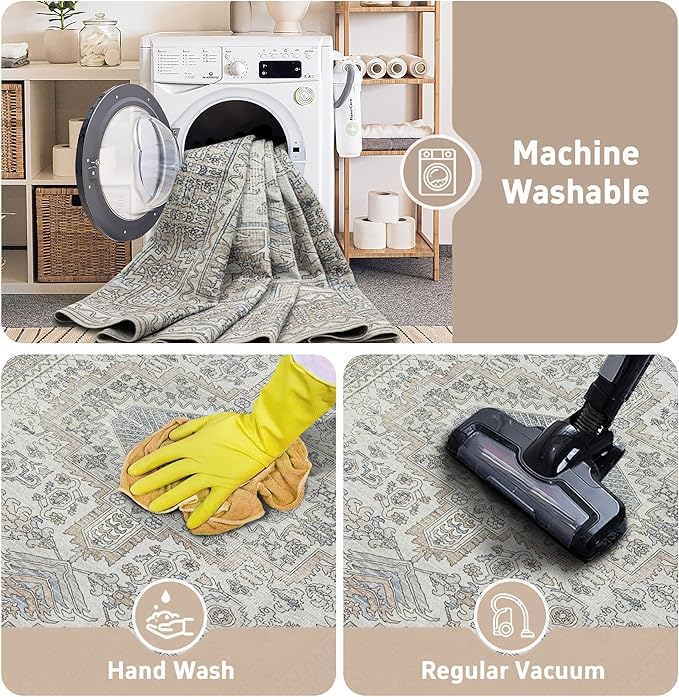 Machine Washable Area Rugs 9x12 Living Room Retro Rugs- Ultra Soft Low Pile Large Rugs for Bedroom,Dining Room,Non Slip Vintage Accent Carpet for Farmhouse Home Office- Family & Pet Friendly