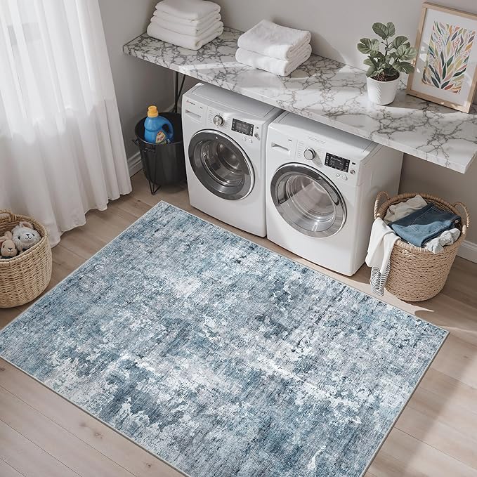 3x5 Rug, Small Area for Kitchen, Entryway, Machine Washable Non-Slip Throw Rug, Vintage Carpet for Nursery Coffee Table Blue