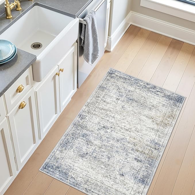 2x3 Washable Rug Runner for Bathroom, Soft Entryway Rug for Laundry Room, Kitchen, Vintage Abstract Hallway Runner for Bedroom, Anti-Slip Door Mat Indoor Entrance(2'x3', Blue/Brown/Ivory)