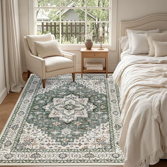 6x9 Area Rugs Living Room Rug: Washable Vintage Boho Medallion Rug No Slip Stain Resistant Soft Carpet Indoor Large Carpets for Bedroom Dining Room Farmhouse Nursery Hallway Home Office Green Ivory