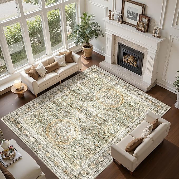Soalmost Washable Area Rug 8x10, Large Soft Rugs for Living Room Vintage 8x10 Area Rugs for Bedroom Dining Room Non-Slip Stain Resistant Under Table Green Orange Rug