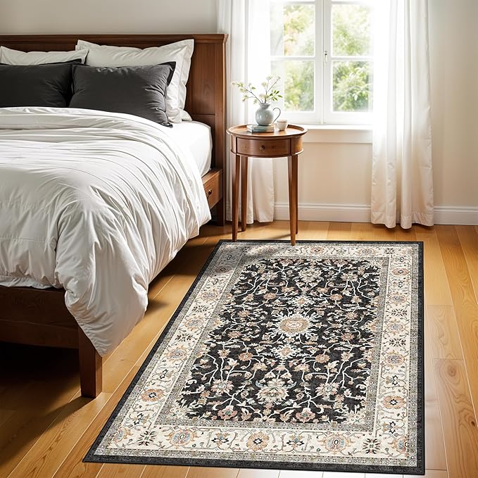 Washable 3x4 Entryway Runner Rug - Non-Slip Rugs for Kitchen Bedroom Beside Laundry Room Hallway Bathroom Soft Low-Pile Stain Resistant Pet & Kids Friendly Floor Carpet (Black, 3X4)