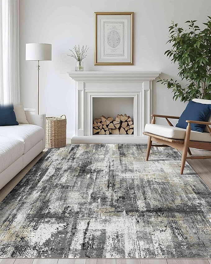 Latte&Fog 8x10 Area Rugs for Living Room, Large Black Modern Abstract Washable Rug, Boho Non Slip Low Pile Carpet for Indoor Bedroom Dining Room, Office, Dorm, Classroom, Farmhouse and Kids Room