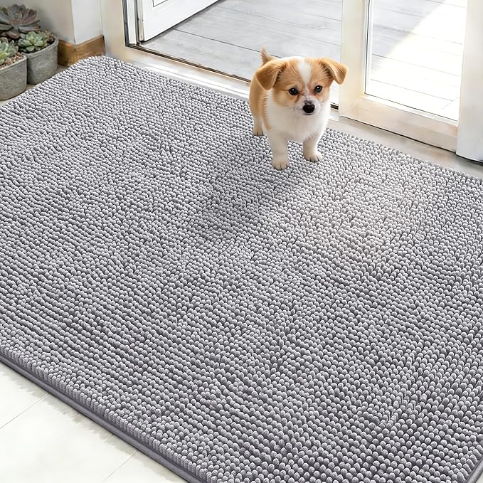 OLANLY Dog Door Mat for Muddy Paws 50x30, Absorbs Moisture and Dirt, Absorbent Non-Slip Washable Doormat, Quick Dry Chenille Mud Mat, Entry Indoor Entryway Carpet for Inside Floor, Light Grey