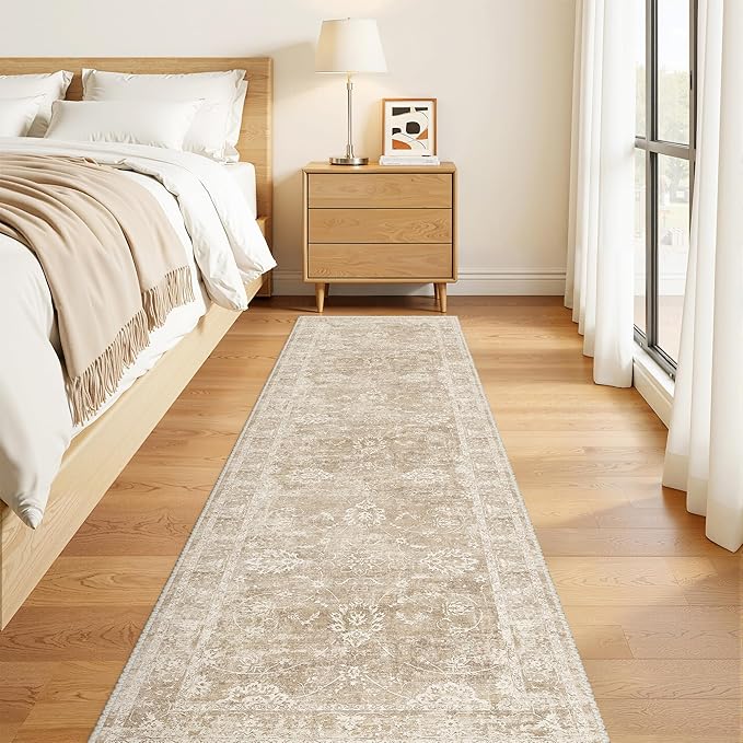 Madane Runner Rug 2x8 for Hallway, Kitchen Non-Slip Runner Rug with Rubber Backing, Vintage Soft Low Pile Throw Neutral Carpet Runner for Laundry Room Entryway Bathroom Bedroom (2 x 8, Beige/Brown)
