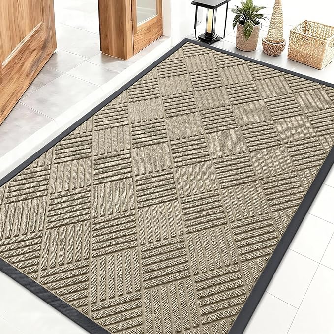 OLANLY Front Door Mat Outside Entrance 47x32, Absorbent, Heavy Duty Sturdy Natural Rubber Doormat Indoor Outdoor, Stain and Fade Resistant, Non-Slip Low Profile Floor Mat for Entryway, Beige Diamond
