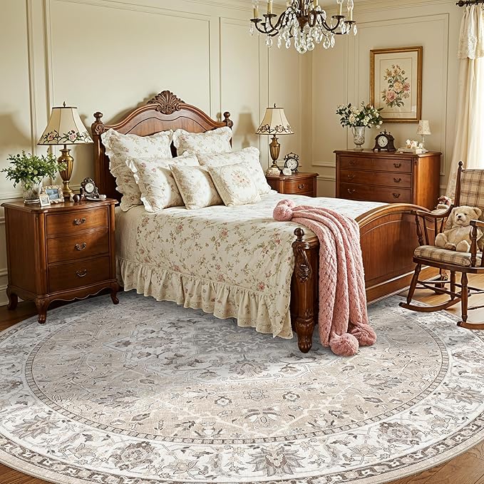 Washable 8ft Round Area Rug - Living Room Oriental Non Slip Soft Rugs Indoor Low Pile Stain Resistant Carpet for Bedroom Dining Room Farmhouse Distressed Thin Home Decor Floor Mat(8Round,Beige)