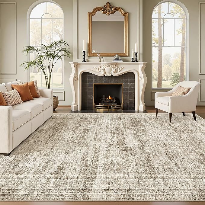 Area Rug 10x12 Vintage Washable Living Room Large Carpet Non Slip Bedroom Indoor Office Dining Room Low Pile Thin Rug Brown