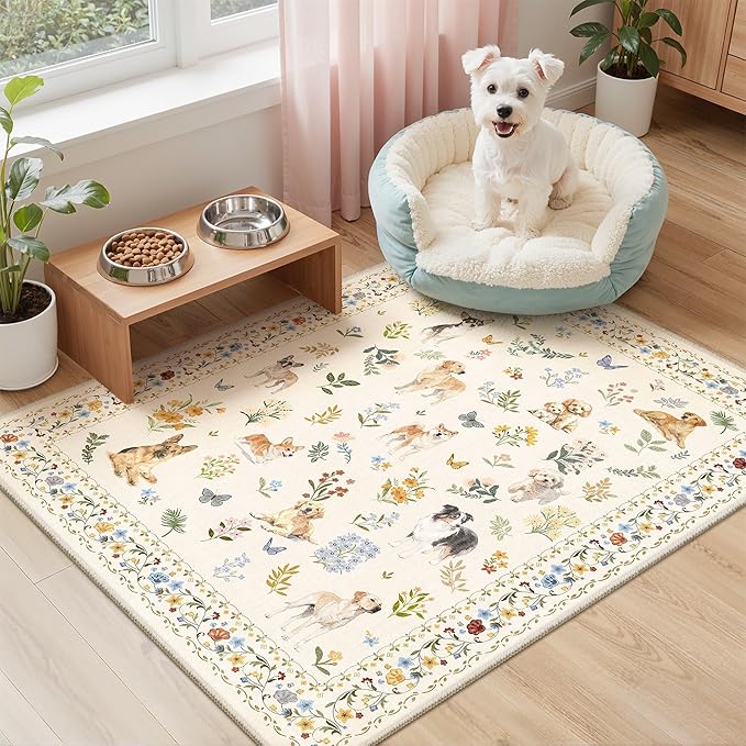 2x3 Dog Rugs for Entryway, Machine Washable Door Mat Animal Floral Small Area Rug Non-Slip Low Pile Soft Throw Rugs for Entrance Kitchen Indoor Front Door Kids Room (2 x 3,Beige)