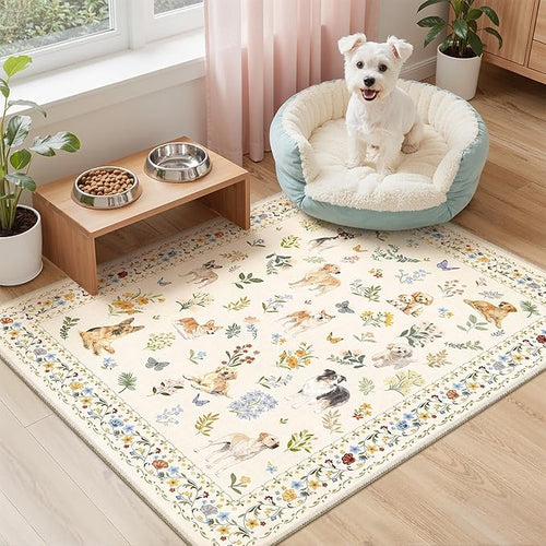 2x3 Dog Rugs for Entryway, Machine Washable Door Mat Animal Floral Small Area Rug Non-Slip Low Pile Soft Throw Rugs for Entrance Kitchen Indoor Front Door Kids Room (2 x 3,Beige)