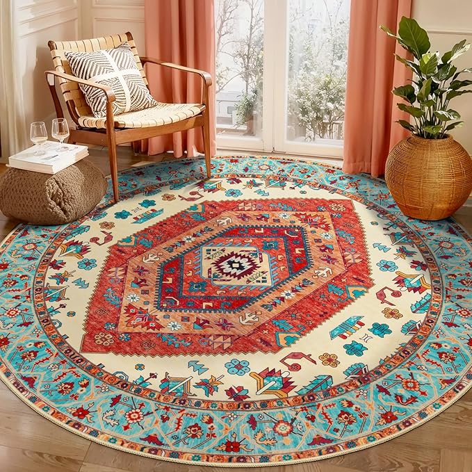 SERISSA Boho Round Area Rug, 6ft Washable Non-Slip Circle Rug, Ultra Soft Oriental Vintage Orange Low-Pile Circular Carpet for Bedroom Entryway Kids Room Office College Dorm Living Room