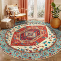 SERISSA Boho Round Area Rug, 5ft Washable Non-Slip Circle Rug, Ultra Soft Oriental Vintage Orange Low-Pile Circular Carpet for Bedroom Entryway Kids Room Office College Dorm Living Room