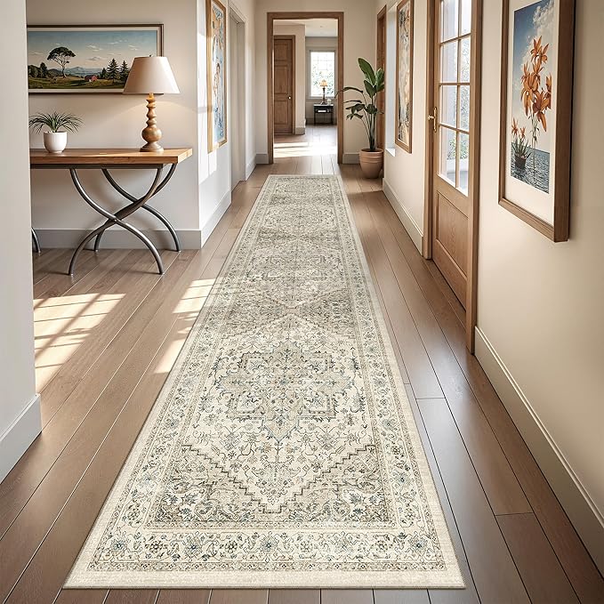 Runner Rug 2x10, Ultra-Thin Kitchen Rugs Non Slip Washable Rugs for Entryway Rug, Kitchen Runner Low Pile Vintage Soft Carpets for Living Room, Bathroom Bedroom (Brown/Beige,2'x10')