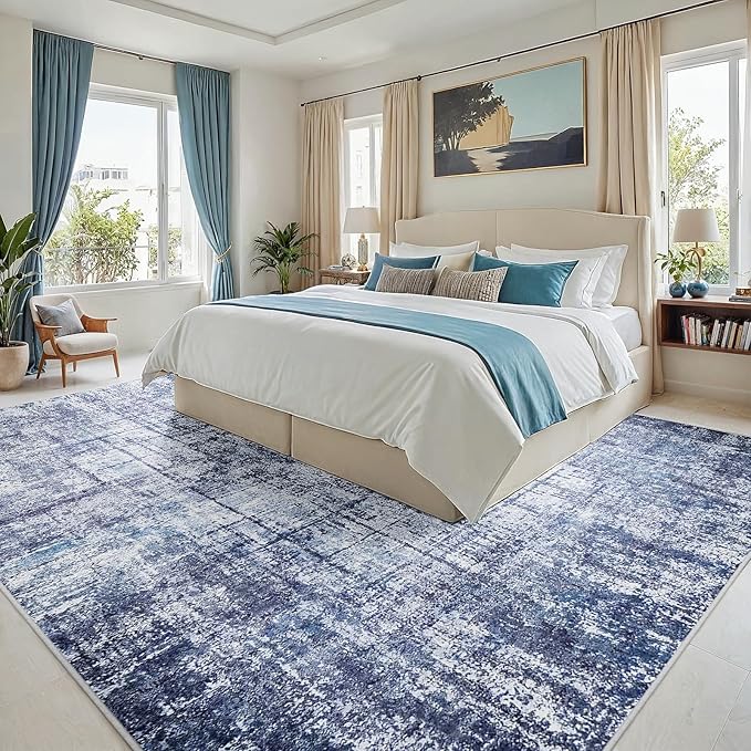 8x10 Area Rugs for Living Room Washable Rug: Anti-Skid Abstract Modern Living Room Rug Soft Thin Carpets Indoor Floor Non-Shedding Carpet for Bedroom Dining Farmhouse Nursery Navy Light Gray