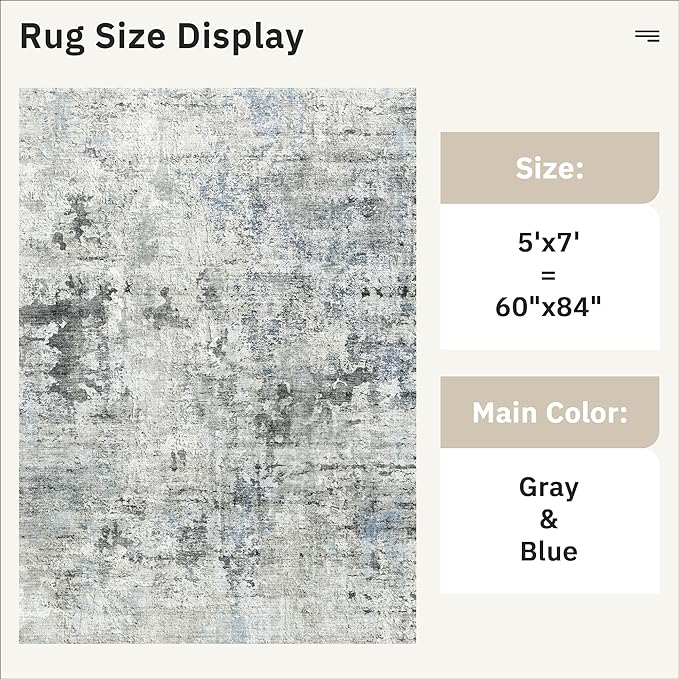 Abstract Rug 5x7 Machine Washable Area Indoor Grey Low Pile Non-Slip Foldable Thin Accent Rugs for Bedroom Living Room Dining Room