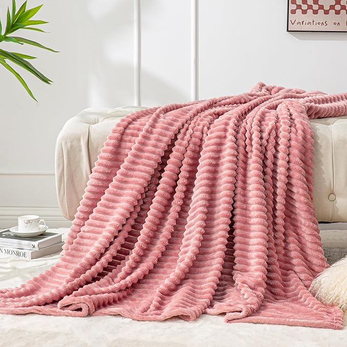 BEDELITE Fleece Blanket Twin Size – 3D Ribbed Jacquard Soft and Warm Decorative Fuzzy Blankets – Cozy, Fluffy, Plush Lightweight Throw Blankets for Couch, Bed, Sofa(Pink, 60x80 inches)