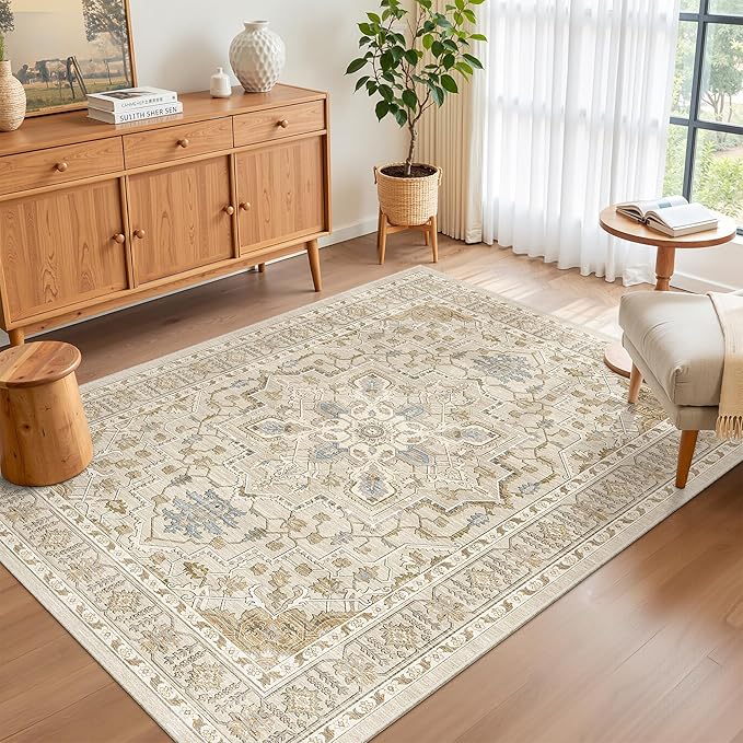 Madane Area Rug 3x5, Entryway Washable Vintage Runners Bedroom Non Slip Indoor Kitchen Runner for Living Room Laundry Room Playroom Soft Non-Slip Area Rugs, Beige/Blue