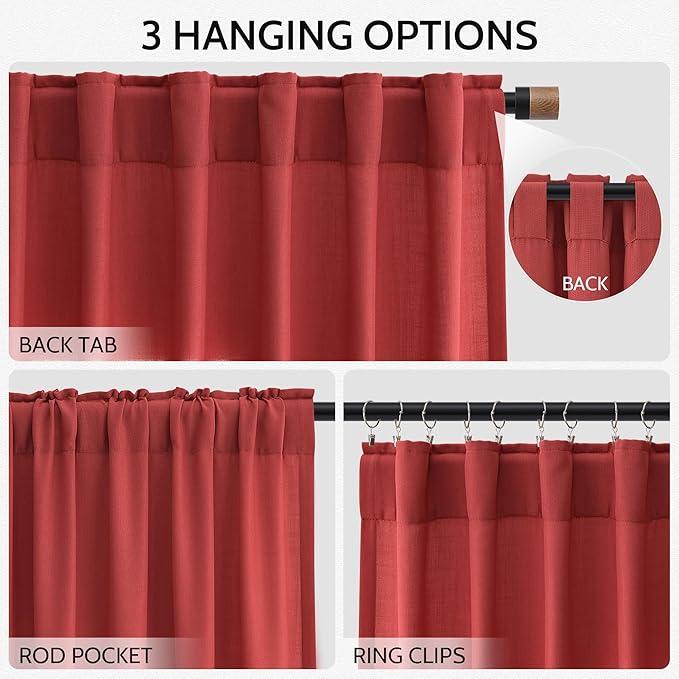 Christmas Red Linen Curtains 90 Inches Long for Living Room Light Filtering Semi Sheer Curtain Back Tab and Rod Pocket Vintage Rustic Luxury Home Decor Neutral Drapes for Bedroom 52x90, 2 Panels