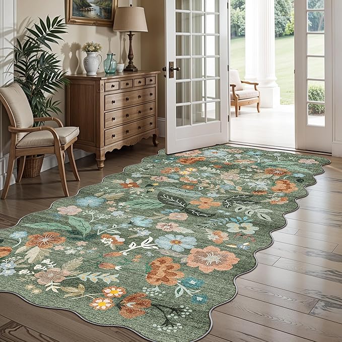 4x8 Washable Area Rug for Family: Stain Resistant Wide Floral Scalloped Kitchen Rug Soft Carpet for Entryway Bathroom Bedroom Farmhouse Living Room Floor Mat with Non Slip Backing(4x8, Floral/Green)