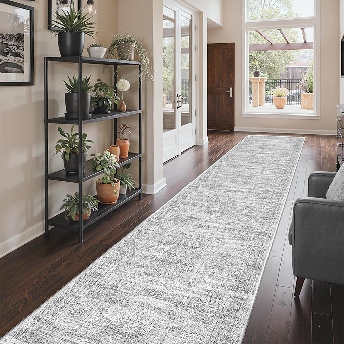 3x18 Washable Runner Rug for Hallway, Non-Slip Long Hallway Runner for Entryway, Soft Vintage Kitchen Mats for Floor, Abstract Dining Room, Bedroom, Living Room Rugs(3'x18', Grey/Ivory)
