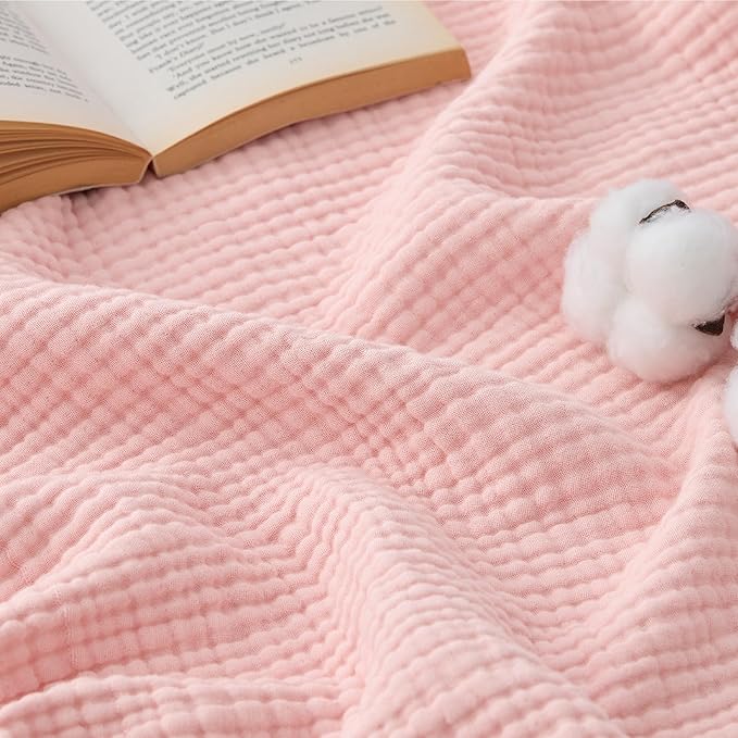 Bedsure 100% Cotton Muslin Blanket Queen Size for Bed - 4-Layer Breathable and Lightweight Thin Soft Summer Gauze Muslin Blankets for Adults, Pink, 90x90 Inches
