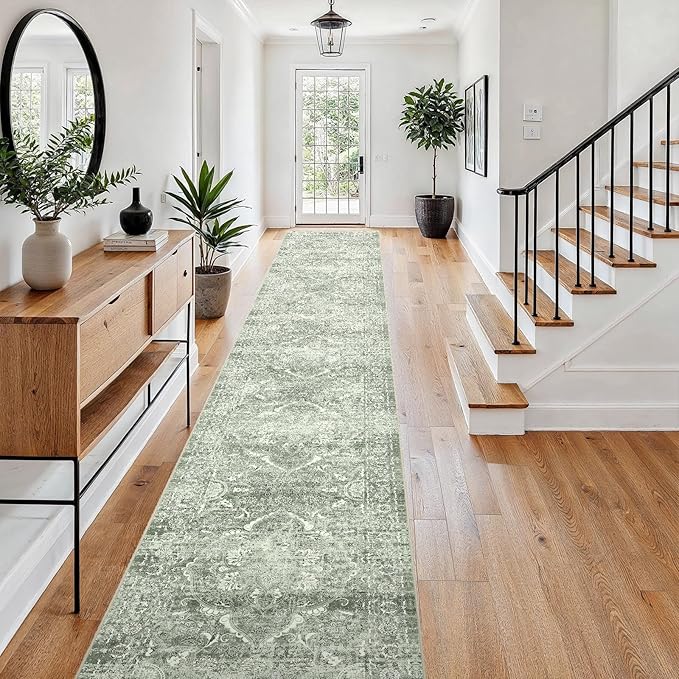 3x20 Washable Hallway Runner Rug - Non Slip Kitchen Runner Rugs with Rubber Backing Vintage Low-Pile Carpet Runners for Entryway Dining Room Laundry Room Home Decor (Muted Sage Green)