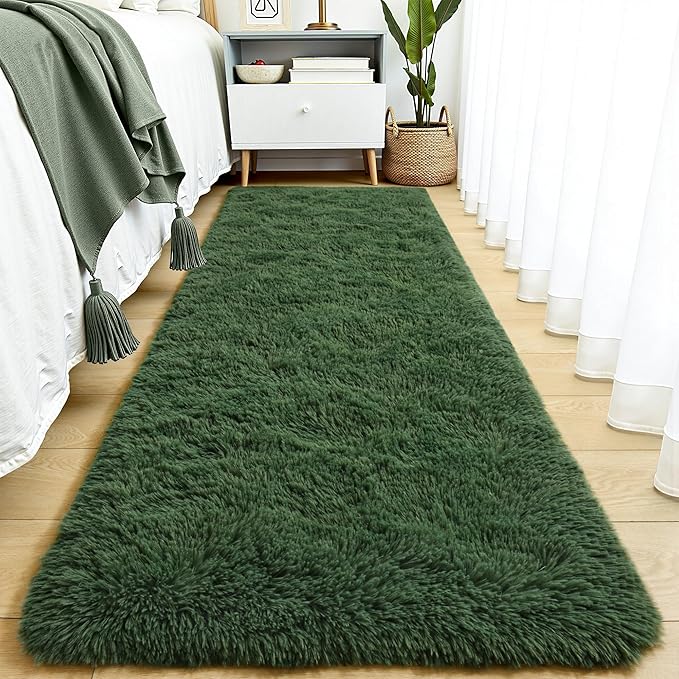 Tepook Soft Runner Rugs for Bedroom 2x6 with Rubber Backing, Dark Green Fluffy Rugs for Hallway, Shag Bedside Rug Fuzzy Plush Carpet for Living Room Dorm Nursery Indoor Home Decor