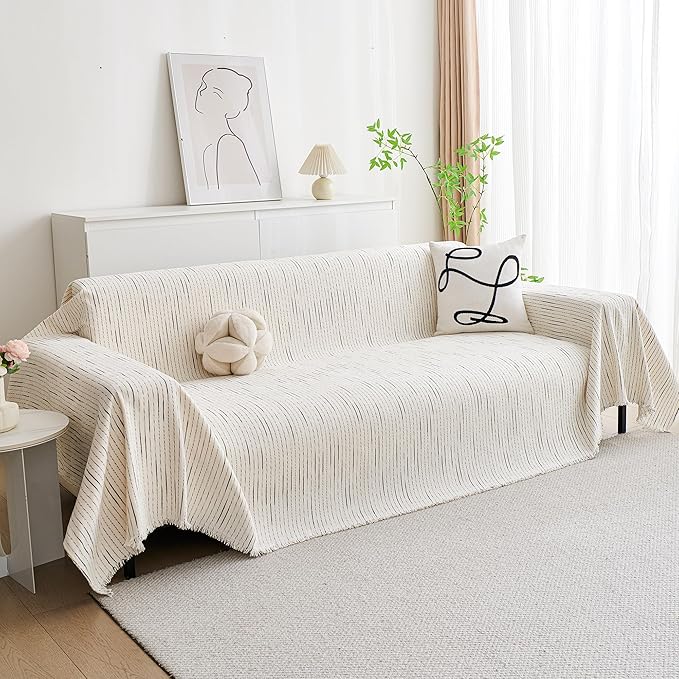 MYSKY HOME Couch Cover for Dogs, Sectional Couch Cover, Beige Lines Sofa Covers for Sectional Sofa L Shape Chenille Couch Protector for Dogs Pets Couch Covers Washable Soft Throw, 91"X118"