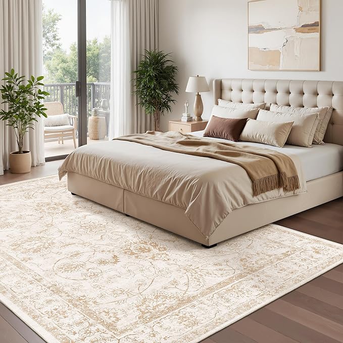 Madane Washable 6x9 Area Rugs for Living Room, Vintage Natural Rug with Non-Slip Backing, Soft Stain Resistant Throw Rugs Thin Carpet for Bedroom Dining Room Farmhouse (6 x 9, Wood/Ivory)
