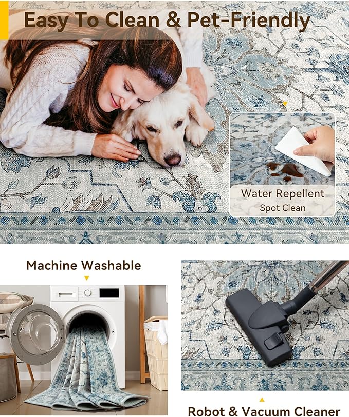 Area Rugs 10'x12' Washable Non-Slip, Floral Vintage Distress Print Pattern Medallion Carpet for Living Room Bedroom Dining Room, Light Blue Navy Beige Gray White