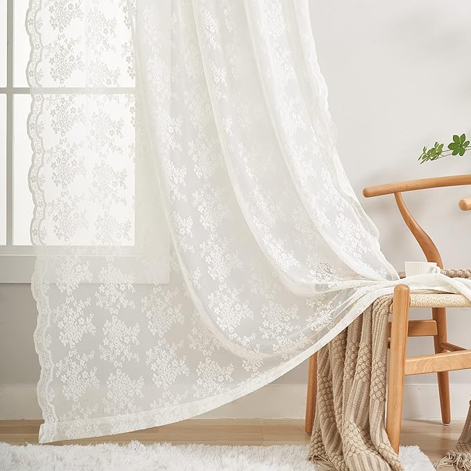 YJ YANJUN Vintage Lace Curtains 63 Inches Length- Elegant Victorian Floral Ivory Sheer Curtain Panels for Living Room Bedroom Kitchen, Scalloped Edges Rod Pocket, 2 Panels 52W x 63L Cream