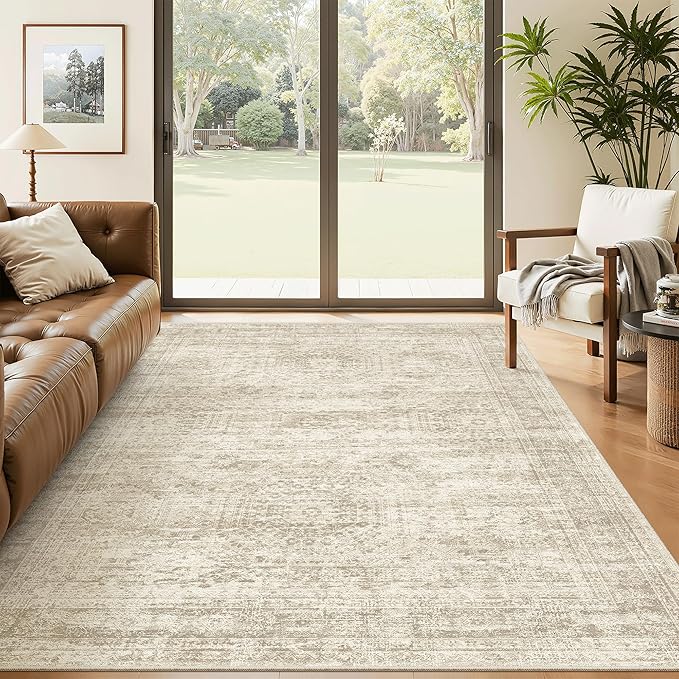 5x8 Area Rugs Beige Low Pile Indoor Washable Trendy Faded Style Rugs for Bedroom Living Room Dining Room Foldable Non-Slip Thin Print Home Office Mat