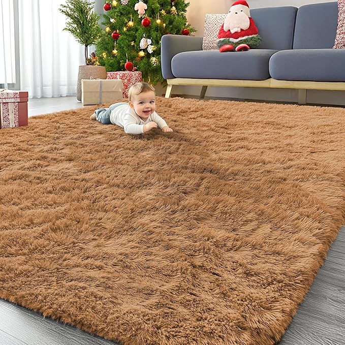 OLANLY 9x12 Machine Washable Large Area Rugs for Living Room, Bedroom, Soft Fluffy Shaggy Bedside Rug, Indoor Floor Carpet for Kids Girls and Boys, Dorms, Home Decor Aesthetic, Khaki