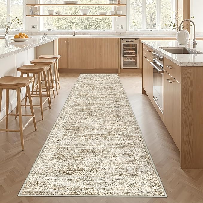 3x10 Runner Rug Non Slip Washable for Entryway, Vintage Hallway Runner for Front Porch, Laundry Room, Bedroom, Abstract Stain Resistant Thin Indoor Kitchen Mats for Floor(3'x10', Brown/Ivory)