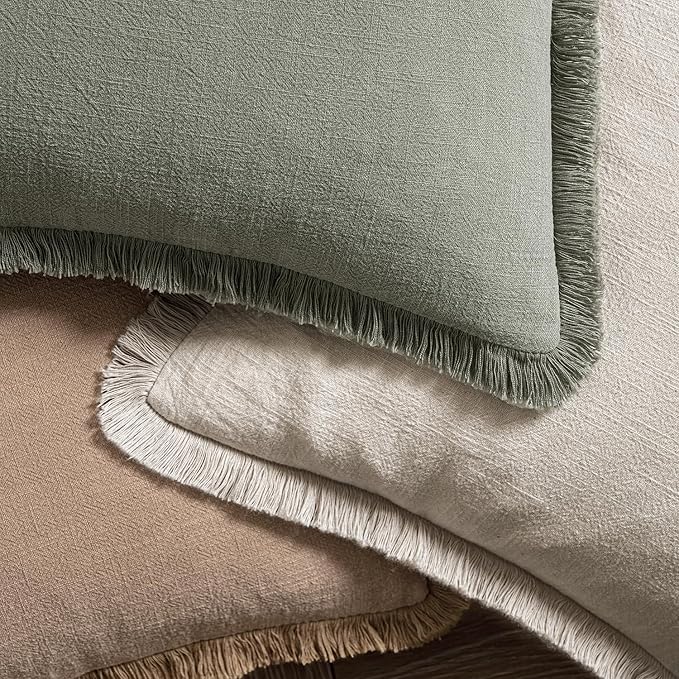 MIULEE Decorative Throw Pillow Covers Neutral Linen Fringe Throw Pillows Set of 2 Natural Beige Boho Farmhouse Cushion Covers with Tassels for Couch Sofa Bed Spring Home Decor 20x20 Inch