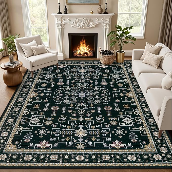Area Rugs 10x12 Living Room Rug: Washable Rug Soft Vintage Boho Medallion Carpet Indoor Floor Non-Slip Stain Resistant Large Carpets for Bedroom Dining Room Farmhouse Nursery Home Office Black