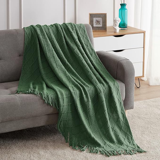 BOURINA Green Throw Blanket 50 x90 Inches Throw Textured Solid Soft Sofa Throw Bed Runner Couch Cover Knitted Decorative Blanket Bed Runner