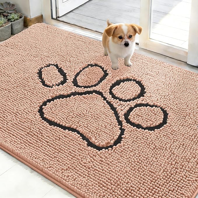OLANLY Dog Door Mat for Muddy Paws 48x30, Paw Print Design, Absorbs Moisture and Dirt, Absorbent Non-Slip Washable Doormat, Quick Dry Chenille Mud Mat for Dogs, Entry Indoor Entryway Carpet, Peach