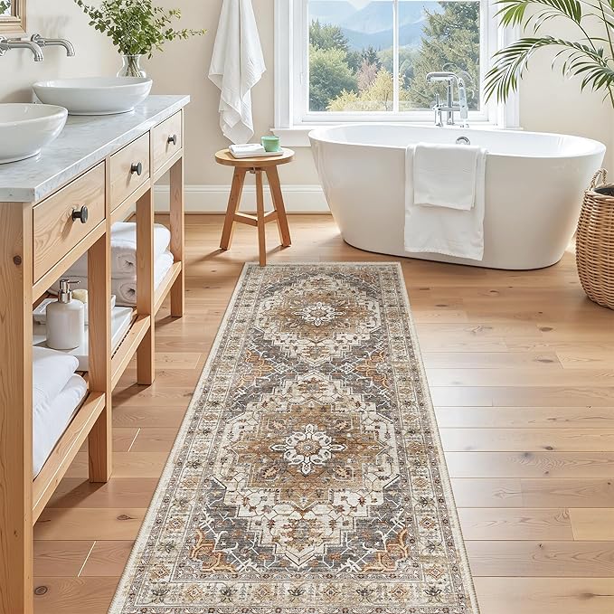 Madane Washable Runner Rug - 2x6 Rug Runners for Hallways 6 Feet Non Slip Vintage Kitchen Runner Rug Ultra-Thin Bathroom Runner Rugs Carpet Laundry Room Bedroom (2x6ft, Turmeric/Grey)