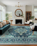RELEANY Area Rugs 10'x12' Washable Non-Slip, Floral Vintage Distress Print Pattern Medallion Carpet for Living Room Bedroom Dining Room, Teal Green Lake Blue Turquoise