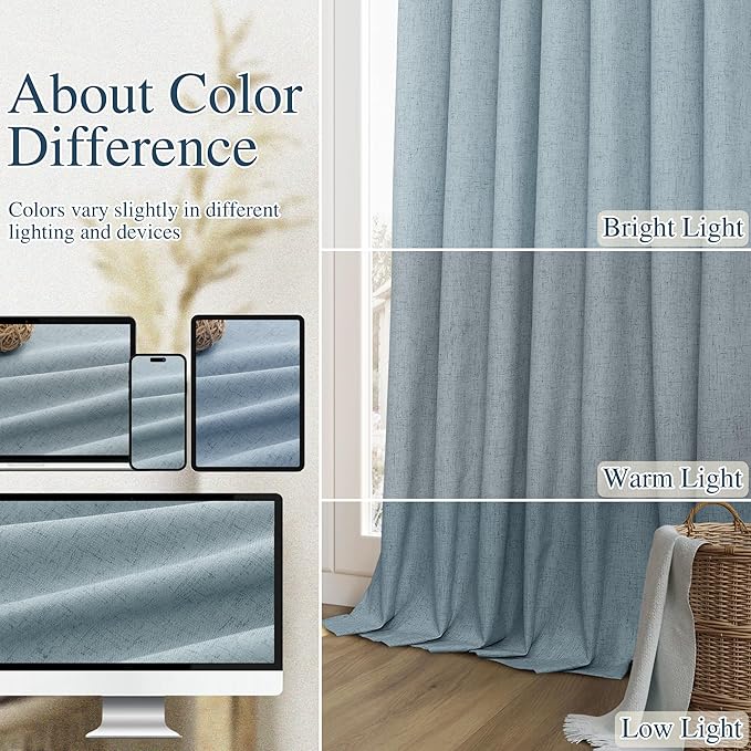 Guken Blue 100% Blackout Linen Curtains 80 Inch Length 2 Panels Set for Living Room Bedroom Back Tab Thermal Insulated Black Out Drapes Room Darkening Window Curtains 80 Inches Long Dusty Blue