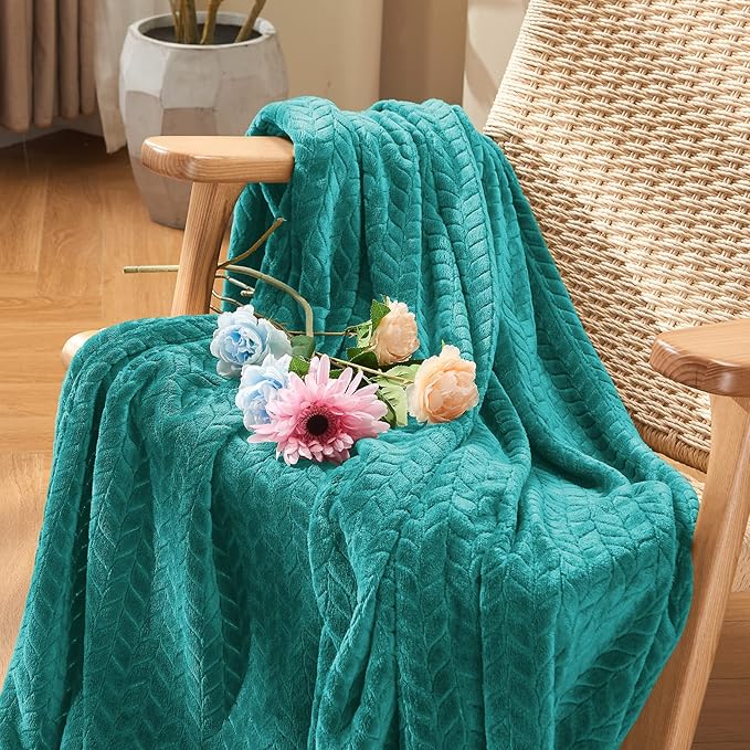 inhand Teal Fleece Twin Blanket, Super Soft Flannel Cozy Blankets for Adults, Lightweight Leaves Pattern Fuzzy Blanket for Couch Sofa Bed Office, Warm Plush Blankets for All Season, 60x90 Inches