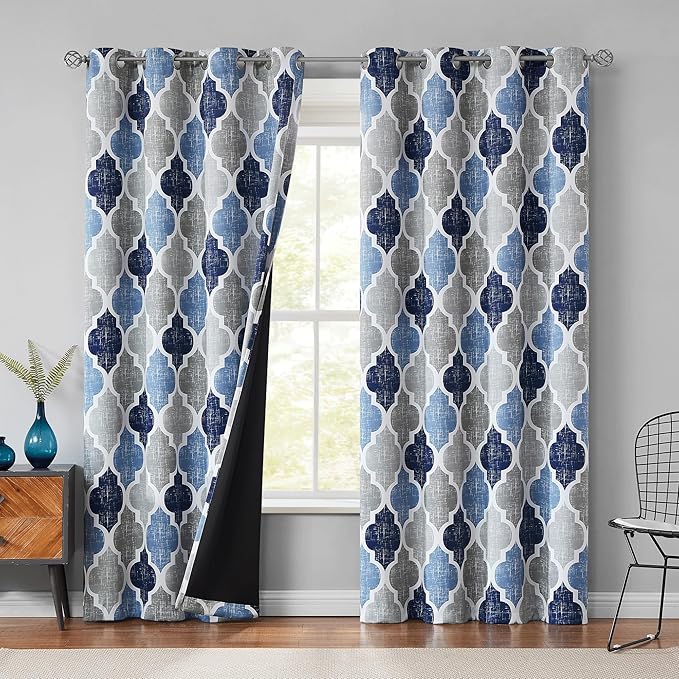 Beauoop 100% Blackout Curtains 96 Inches Long 2 Panels for Bedroom Living Room Blue Grey Moroccan Geo Room Darkening Thermal Insulated Soundproof Grommet Top Window Treatments Drapes, 50x96 Set of 2