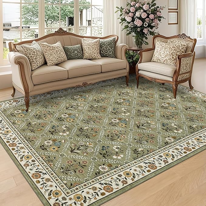 Large Entryway Rug 3x5 Floral Washable Area Rugs Vintage Soft Non-Slip Small Floor Carpet Doormat Stain Resistant Low-Pile Ultra-Thin Entry Mat for Bedside Kitchen Green